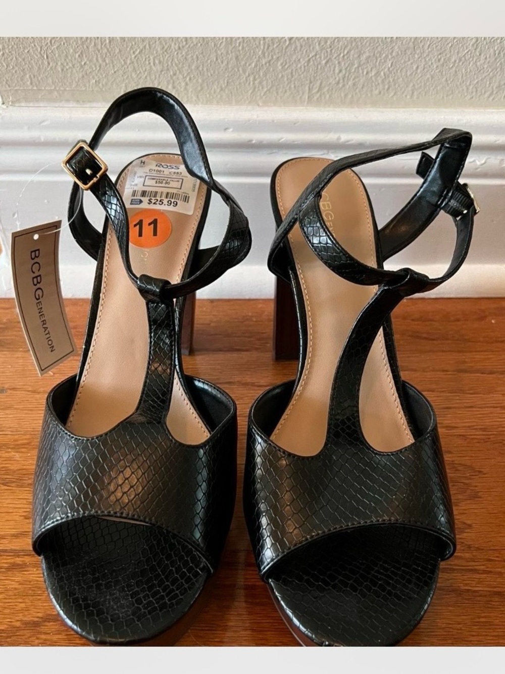 BCBGeneration Black T-Strap Textured High Heel Sandals